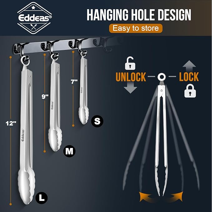 Tongs For Cooking - All Metal Heat Resistant 600 Degrees Kitchen Tongs, Stainless Steel Locking Tongs, For Food,Salad, BBQ, Grill, Dishwasher, Set of 3-7",9" & 12 inch