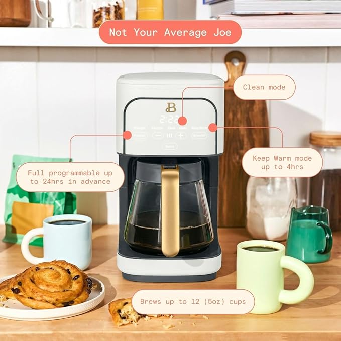 Beautiful 12-Cup Programmable Coffee Maker with Touch-Activated Display, Auto Brew Timer, Reusable Filter & Large Glass Carafe (White Icing)