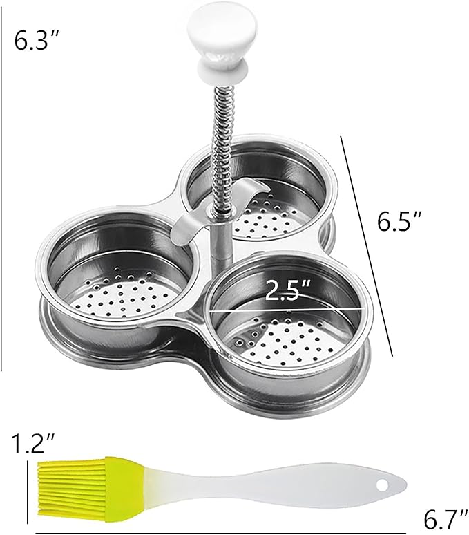 3 Cups Stainless Steel Egg Poacher, Poached Egg Cooker Nonstick Poached Egg Maker Egg Poacher Pan Cups Round Poached Egg Pan with Oil Brush for Breakfast Boiled Eggs