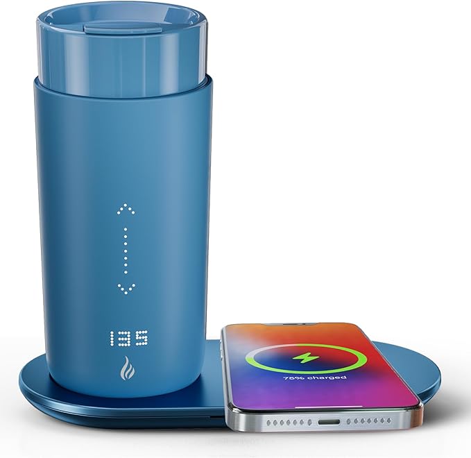 Temperature Control Heated Coffee Mug Smart Self Heating Travel Mug 12 Oz App Controlled Warmer Mug 4-10 Hour LED Display Keep Coffee Hot All Day Fast Wireless Charger Base Lake Blue