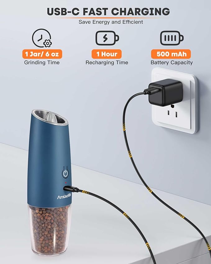 AmuseWit Gravity Electric Salt and Pepper Grinder Set [White Light] USB Rechargeable Automatic Pepper and Salt Mills,Adjustable Coarseness,One-Handed Operation, Misty Blue