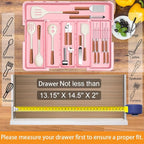 Utensil Drawer Organizer for Kitchen, Expandable Silverware Organizer Cooking Utensils Tray, Large Cutlery and Flatware Holder, Kitchen Tools & Gadgets Storage (Pink)