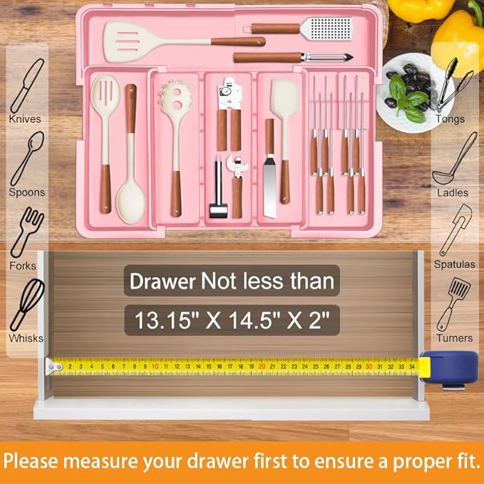 Utensil Drawer Organizer for Kitchen, Expandable Silverware Organizer Cooking Utensils Tray, Large Cutlery and Flatware Holder, Kitchen Tools & Gadgets Storage (Pink)