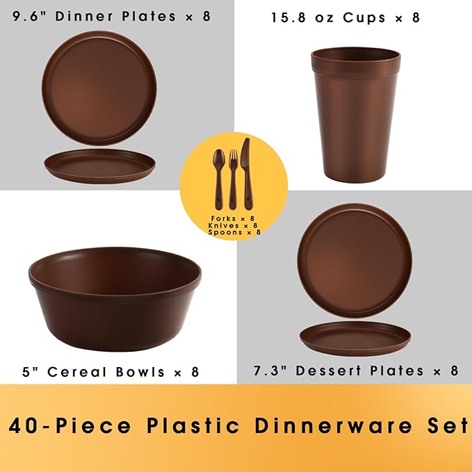 Plastic Dinnerware Sets – Brown Plastic Plates, 40-Piece Reusable Dishes Set for 8 with Cups, Forks, Knives and Spoons, Unbreakable Plates and Bowls for Camping, Outdoor Use