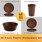 Plastic Dinnerware Sets – Brown Plastic Plates, 40-Piece Reusable Dishes Set for 8 with Cups, Forks, Knives and Spoons, Unbreakable Plates and Bowls for Camping, Outdoor Use