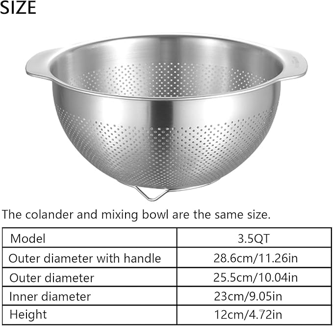18/8 Stainless Steel Microwell Colander, 3.5QT Large Capacity with Handle Kitchen Food Strainer Basket for Washing Vegetables, Fruits, Rice, and Pasta (primary colour, 3.5QT)