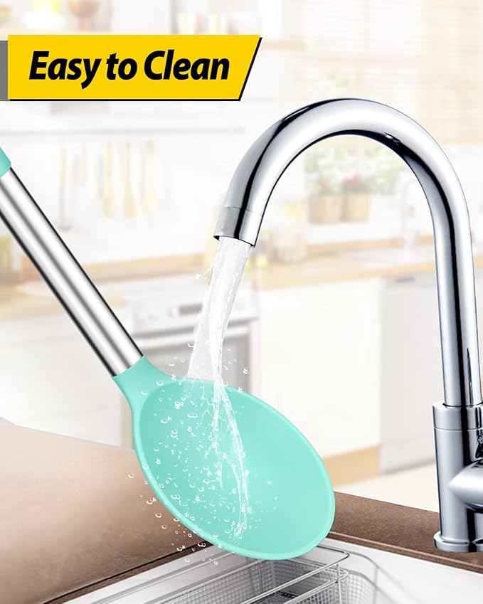 Pack of 2 Large Silicone Cooking Spoons,Non Stick Solid Basting Spoon,Heat-Resistant Kitchen Utensils for Mixing,Serving,Draining,Stirring (GREEN)