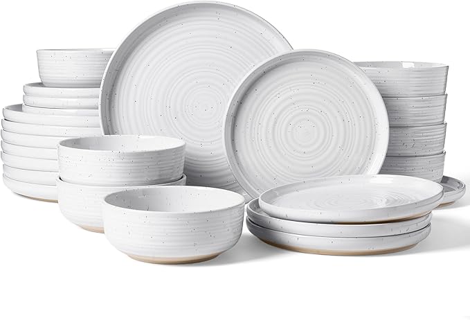 Stoneware Dinnerware Sets, Plate and Bowl Sets for 8, 24 Pieces Spiral Flared Dishware Set with Speckles & Reactive Glaze - Microwave and Dishwasher Safe Tableware, White