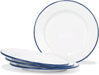 Red Co. Set of 4 Enamelware Metal Classic 10" Round Dinner Plate, Solid White/Navy Blue Rim