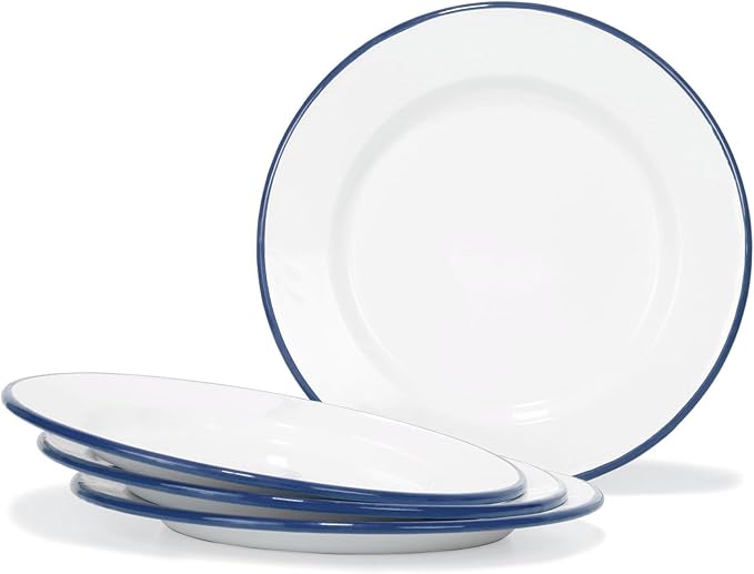 Red Co. Set of 4 Enamelware Metal Classic 10" Round Dinner Plate, Solid White/Navy Blue Rim