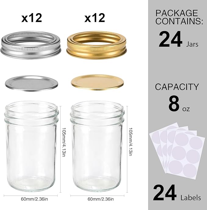 SPANLA Mason Jars 8 oz, 24 Pack Canning jars 8 oz Jelly Jars With Regular Lids and Bands, Half Pint Glass Jars Ideal for Jam, Honey, Wedding Favors, Shower Favors