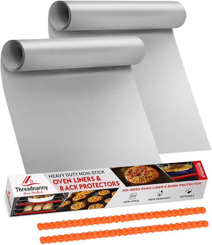 Oven Liners for Bottom of Oven Silver (2-pack) Bundled with Rack Shield (2-pack) - Large Mat for Bottom of Stove (17"x 25") and 14" Orange Range Guards for Racks - Reusable & Heat Resistant