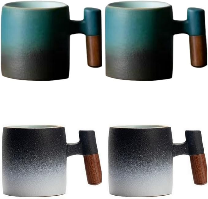 2-Oz Ceramic Espresso Cups with Wood Handle, 2/4-Piece Set for Coffee, Tea, Latte - Dishwasher Safe, Multi-Color & Wood Styles, Gift & Café Use (black white2&blue black2, Wooden Handle4)