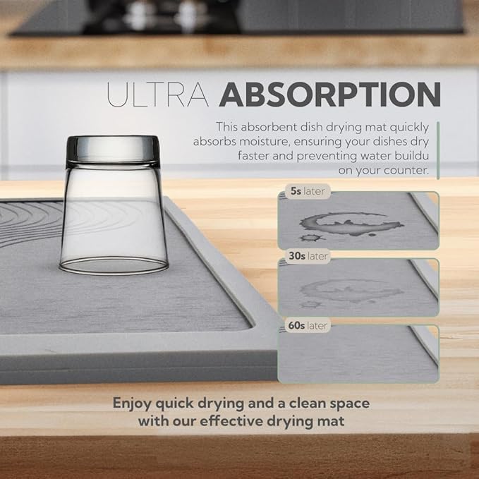 DON & CLAIRE Stone Dish Drying Mat for Kitchen Counter - Quick Drying, Super Absorbent, Non-Slip Mat for Dishes, Glassware, Fast Dry Stone Mat for Kitchen Sink, Easy to Clean | (21.5" x 16.3", Grey)