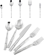 Flatware Serving Set Silverware Set Stainless Steel Cutlery Set Bamboo Pattern Mirror Finished 65 Pieces Party Event Use Wedding Housewarming Gift Service for 12