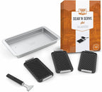 Yukon Glory Sear 'N Serve Cast Iron Grill Pan Set, 3 Cast Iron Grill Baskets with Serving Tray & Clip-On Handle, for Stovetop or Outdoor Grills