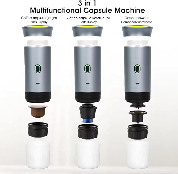 Espresso Portable 3-in-1 Capsule Coffee Maker with 7500mAh Battery, 120ml Cup Capacity, 50+ Extractions, Fast Heating & Waterproof Design【silvery】