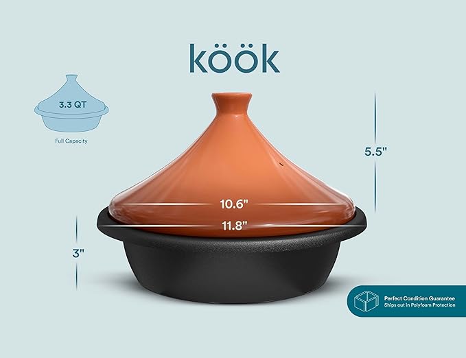 KooK Moroccan Tagine, Enameled Cast Iron Cooking Pot, Tajine with Ceramic Cone-Shaped Closed Lid, 3.3 QT, (Terracotta)