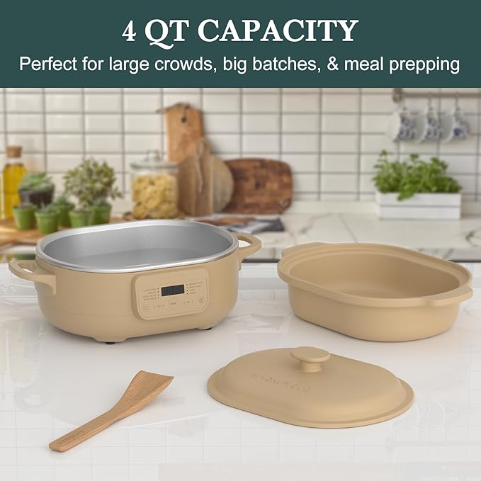 4 Quart Programmable Slow Cooker with Flexible Easy Programming, 8-in-1 Claypot Multi Cooker, Removable Crock, Nonstick, Oven Safe Pot to 450°F, Brown