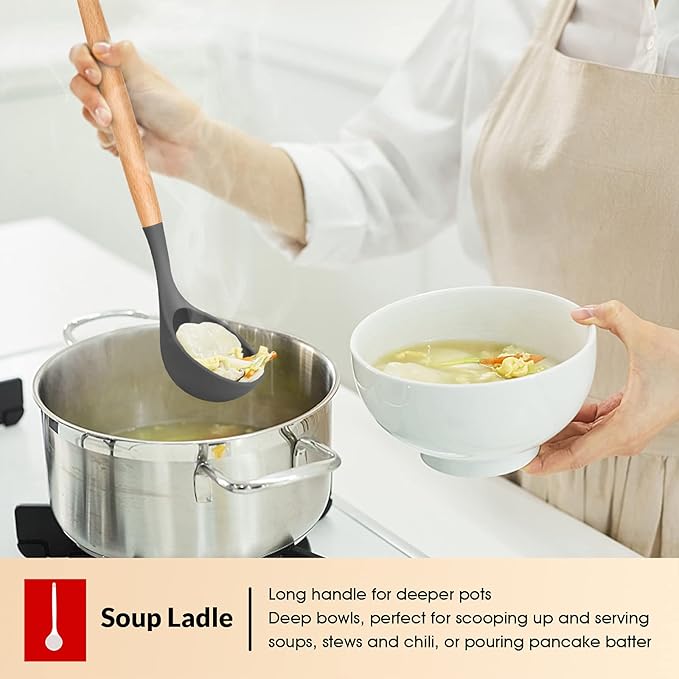 E-far Cooking Utensils Set of 6, Silicone Kitchen Utensils with Wooden Handle, Non-stick Cookware Friendly & Heat Resistant, Includes Spatula/Ladle/Slotted Turner/Serving Spoon/Spaghetti Server(Gray)