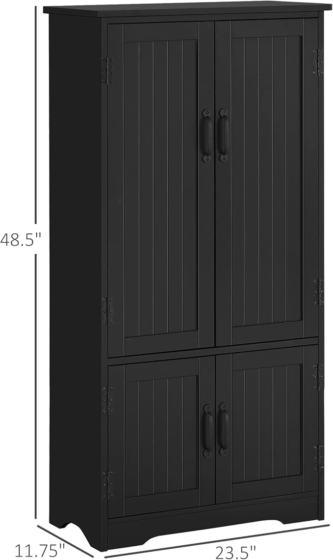 HOMCOM 48.5" Kitchen Pantry Cabinet with 2 Adjustable Shelves and 4 Beadboard Doors, Compact Farmhouse Kitchen Storage Cabinet for Dining Room, Black