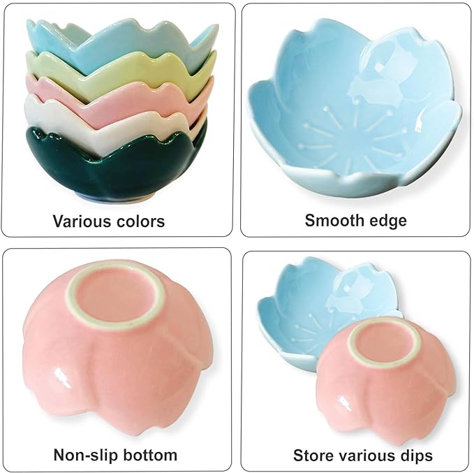 WHJY Dark Green Cherry Blossom Dish Set, Cute Pink Ceramic Plates, Sauce/Seasoning Dish, Sushi Dishes, Soy Dipping Bowl, Dessert, Appetizer Plates, Serving Dish for Kitchen Home – Set of 5