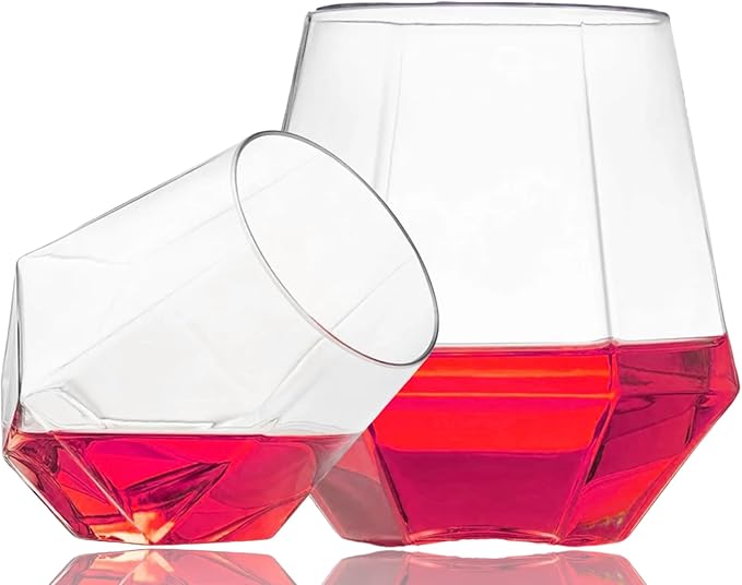 40 count Diamond Unbreakable Stemless Plastic Wine Champagne Whiskey Glasses Elegant Durable Disposable Indoor Outdoor Ideal for Home, Office, Bars, Wedding, 12 Ounce Cups (Clear)