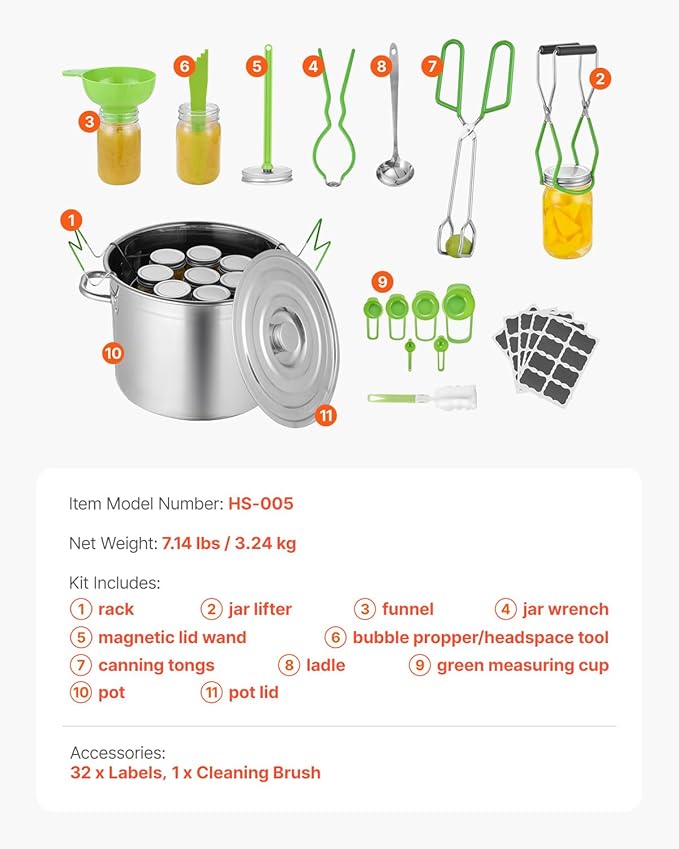 VEVOR Canning Supplies Starter Kit, 11 Pieces Stainless Steel Water Bath Canning Kit for Beginners, Canning Tools Set: Pot, Rack, Lid, Ladle, Funnel, Tongs, Jar Lifter, Wrench, Measuring Cup