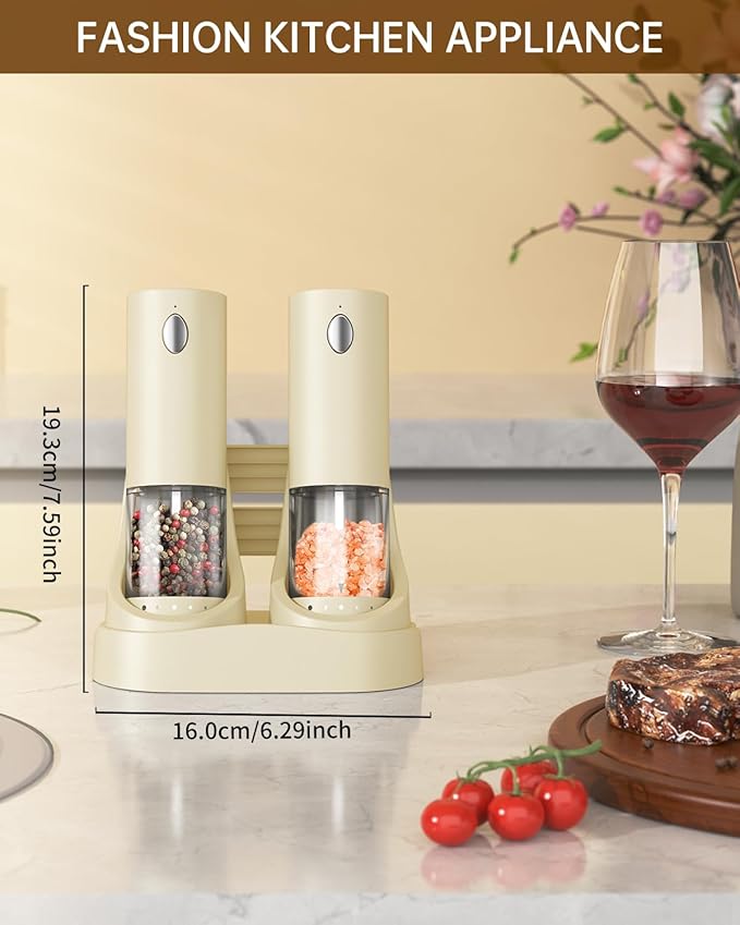 CIRCLE JOY Electric Salt and Pepper Grinder Set Automatic Salt and Pepper Grinder Set with Easy-to-Carry Charging Base and LED Light, USB Rechargeable, External Adjustable Coarseness, Light Yellow
