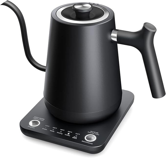 Gooseneck Electric Tea Kettle Pour-Over Kettle for Coffee, with 5 Variable Presets, 100% Stainless Steel Inner, with Keep Warm and Mute Function 0.8L, 1000W Quick Heating, Matte Black