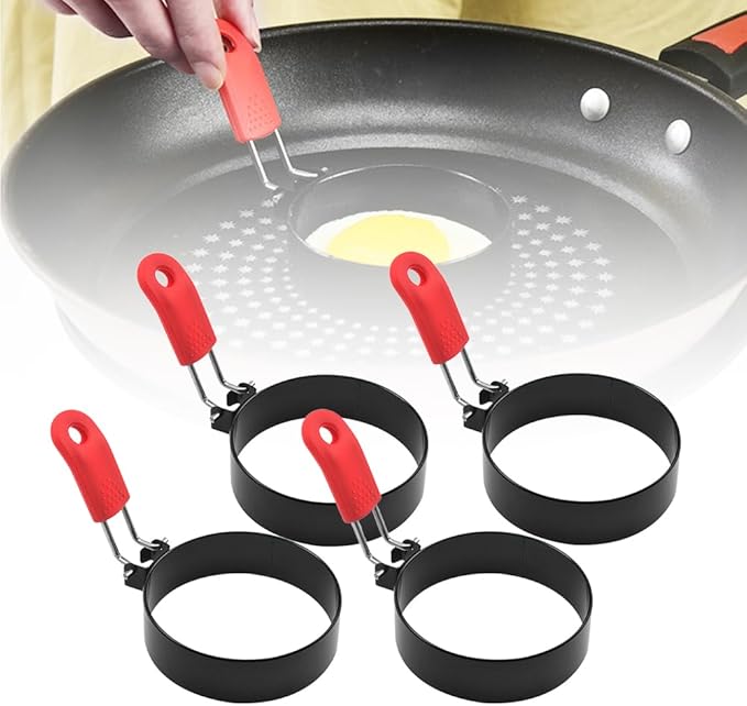 2024 New Stainless Steel Egg Rings for Frying - Round Cooker Rings, Pancake Shapers With Orange Silicone Handle, Non-stick Molds for Kitchen Breakfast Tool (A-4Pcs Red)