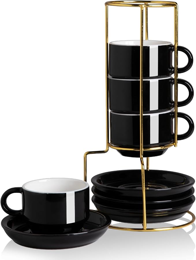 Sweejar Porcelain Espresso Cups with Saucers, 4 Ounce Stackable Cappuccino Cups with Metal Stand for Coffee Drinks, Latte, Tea - Set of 4 (Black Gold Stand)
