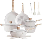 Pots and Pans Set Non Stick, 17Pcs Kitchen Cookware Sets, Granite Stone Induction Cookware Non Stick Cooking Set w/Frying Pans, Saucepans, Sauté Pan (PFOA Free), Cream White