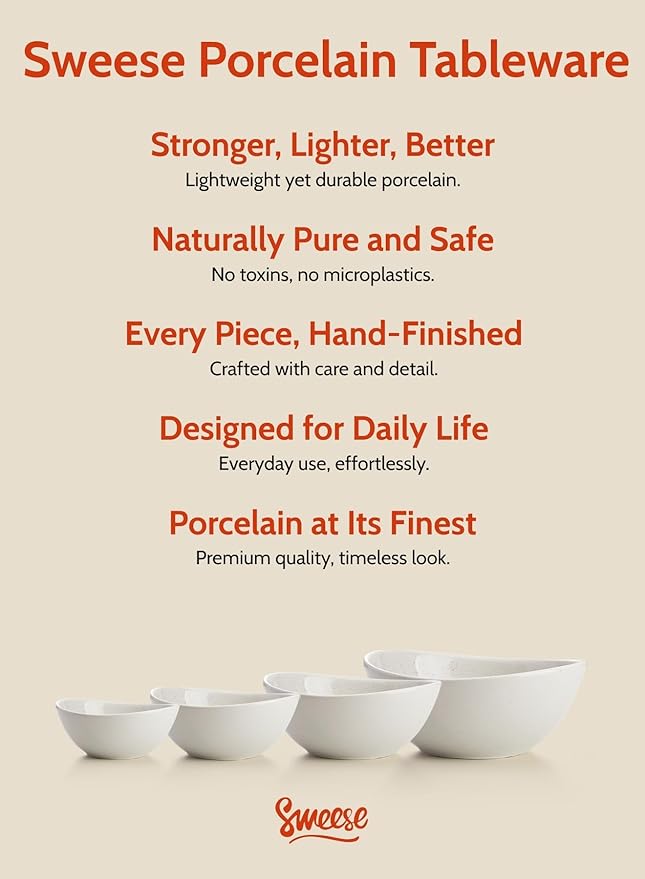 Sweese Porcelain Bowl Set - Serving, Prep, Salad, Dishwasher Microwave Safe, 10/18/28/42 oz, White Grey