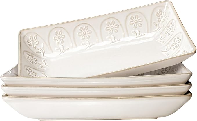 Artena Ceramic 8.25 Inch Rectangle Salad Plates Set of 4 - Deep Plates for Appetizer, Dessert, Dinner, Sushi, Snack, Pasta, Serving - Microwave Safe with Embossed Rim Design (Pinwheel Flower)