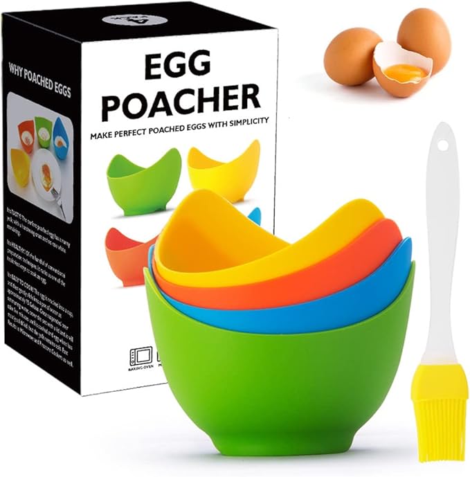 4 Pack Silicone Egg Poacher Cups with Ring Standers, Nonstick Egg Poaching Cups for Air Fryer, Baking oven or Stovetop Cooking, BPA Free
