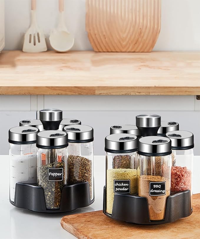 TINMIX Revolving Spice Rack Organizer, Rotating Seasoning Holder Shelf for Kitchen Countertop Cabinet, 4 Large 200ml Glass Jars + 1 Oil Dispenser Bottle