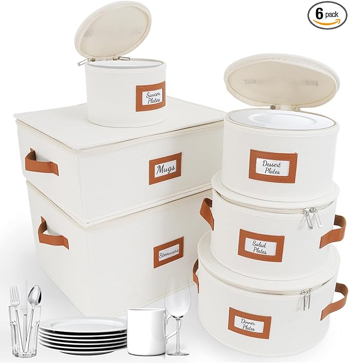 HOMELUX THEORY Hard Shell China Storage Containers, 6pc Ivory Mug & Plate Storage Box, Kitchen Storage Bins With Lids, Heavy Duty Moving Box with Handles for Dishes, Glassware, Stemware, Cup & Mug