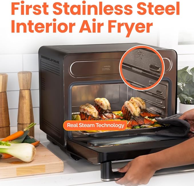 Steami 24L Steam Air Fryer Oven – 11-in-1 Convection Countertop Multi-Cooker with Real Steam Tech, Air Fry, Bake, Roast, Dehydrate, Sterilize, Stainless Steel Interior – 1600W