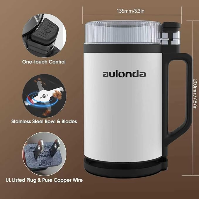 Professional Electric Coffee Grinders,10 OZ Large Capacity or Coffee Beans & Spices,One Touch Push-Button Control,350W Motor with Stainless Steel Blades,Safety Lid Lock - White