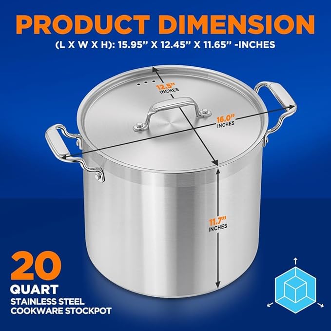 Stainless Steel Cookware Stockpot - 20 Quart, Heavy Duty Induction Pot, Soup Pot With Stainless Steel, Lid, Induction, Ceramic, Glass and Halogen Cooktops Compatible - NCSPT20Q