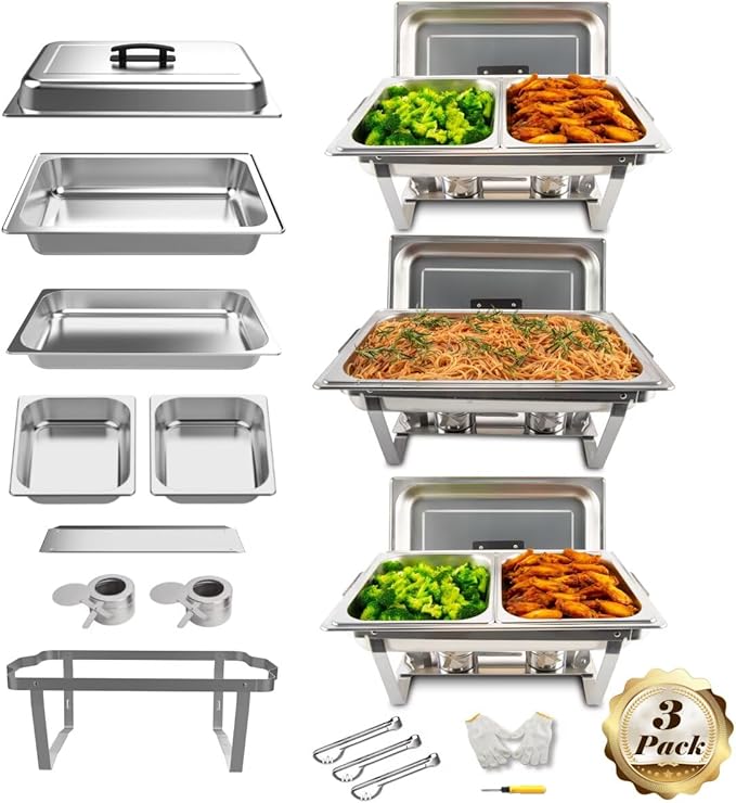 3 Pack 8QT Rectangular Chafing Dish Buffet Set Stainless Steel Catering Chafers Food Warmer with Full,Half Food Pan,Fuel Holder,Foldable Frame For Weddings/Parties/Banquets Events