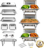 3 Pack 8QT Rectangular Chafing Dish Buffet Set Stainless Steel Catering Chafers Food Warmer with Full,Half Food Pan,Fuel Holder,Foldable Frame For Weddings/Parties/Banquets Events