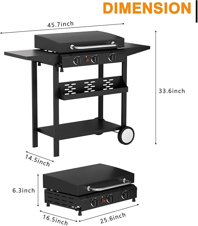 3 Burner BBQ Gas Griddle with Hood, 25.6 Inch Stainless Steel Portable Detachable Propane Griddle, 45,000 BTU Flat Top Barbecue Grill with Side Shelves for Camping