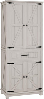 DWVO 72" Tall Farmhouse Pantry Cabinet, Kitchen Storage Pantry with Barn Doors & Drawer, Versatile Organizer with Adjustable Shelves, Rustic Cupboard for Dining Room, Living Room, White Oak
