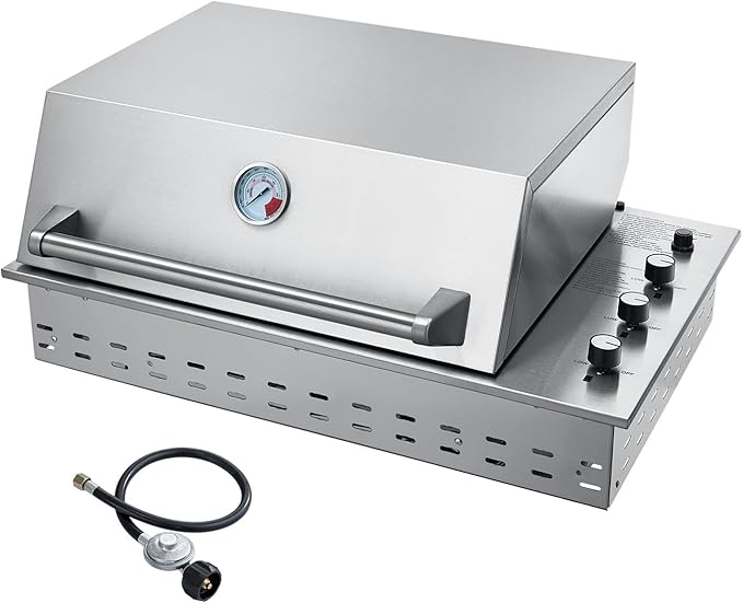 34-Inch Premium Built-In Liquid Propane Griddle for Outdoor Kitchen, 3-Burner Heavy Duty Stainless Steel Flat Top Grill with Lid, 48,000 BTUs, Large Cooking Area for BBQ Island, Outdoor Cooking,Silver