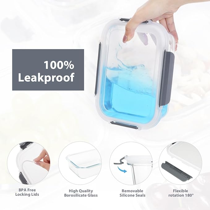 GC glass Food Storage Containers with Lids, Meal Prep Containers, Airtight Lunch Containers Bento Boxes with Snap Locking Lids for Microwave, Oven, Freezer and Dishwasher