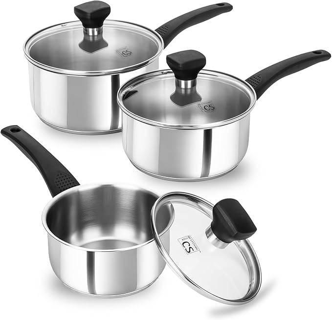KOCH SYSTEME CS Stainless Steel Sauce Pan with Lid, 1QT & 2QT & 3QT Stainless Steel Saucepan Set with Bakelite Handles, Non Toxic Sauce Pot for Cooking, Induction Compatible & Dishwasher Safe, 6PCS