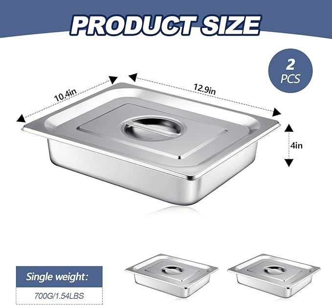 Mifoci 2 Pack Stainless Steam Hotel Pan with Lid, 1/1 Size X 4 Inch Deep Steam Table Pan Restaurant Supplies Reusable Anti Rust Steam Pan Water Pan for Home, Party, Restaurant, Hotel, Buffet