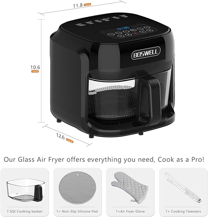 BOSWELL Glass Air Fryer, 7.5QT with Transparent Fry Bowl, Circulating Heating, Temperature Control, Air Fryer Roast, Dishwasher Safe
